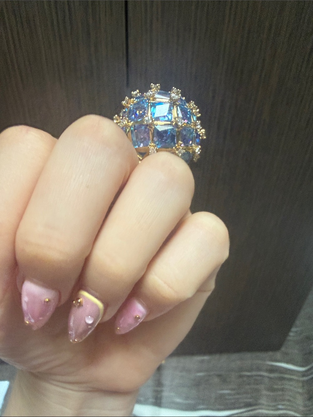 Swarovski Gold Ring with Iridescent Blue-Purple Crystal Dome - Picture 13 of 17